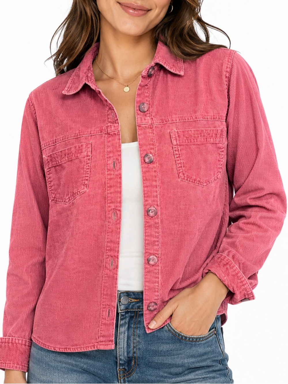 Columbia Women’s Medium Pink Corduroy Button Front Shirt Jacket 100% Cotton